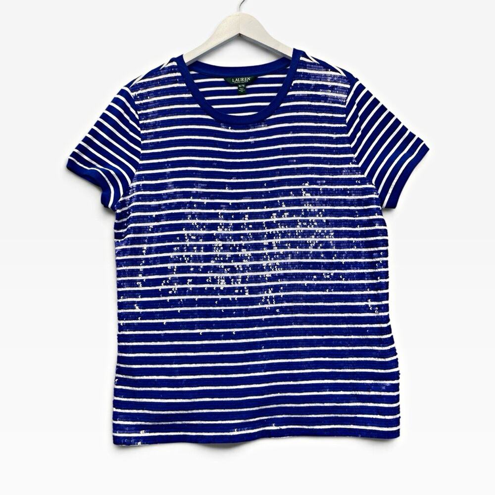 Lauren Ralph Lauren Women's XL Blue White Striped Sequin Crew Neck T-Shirt